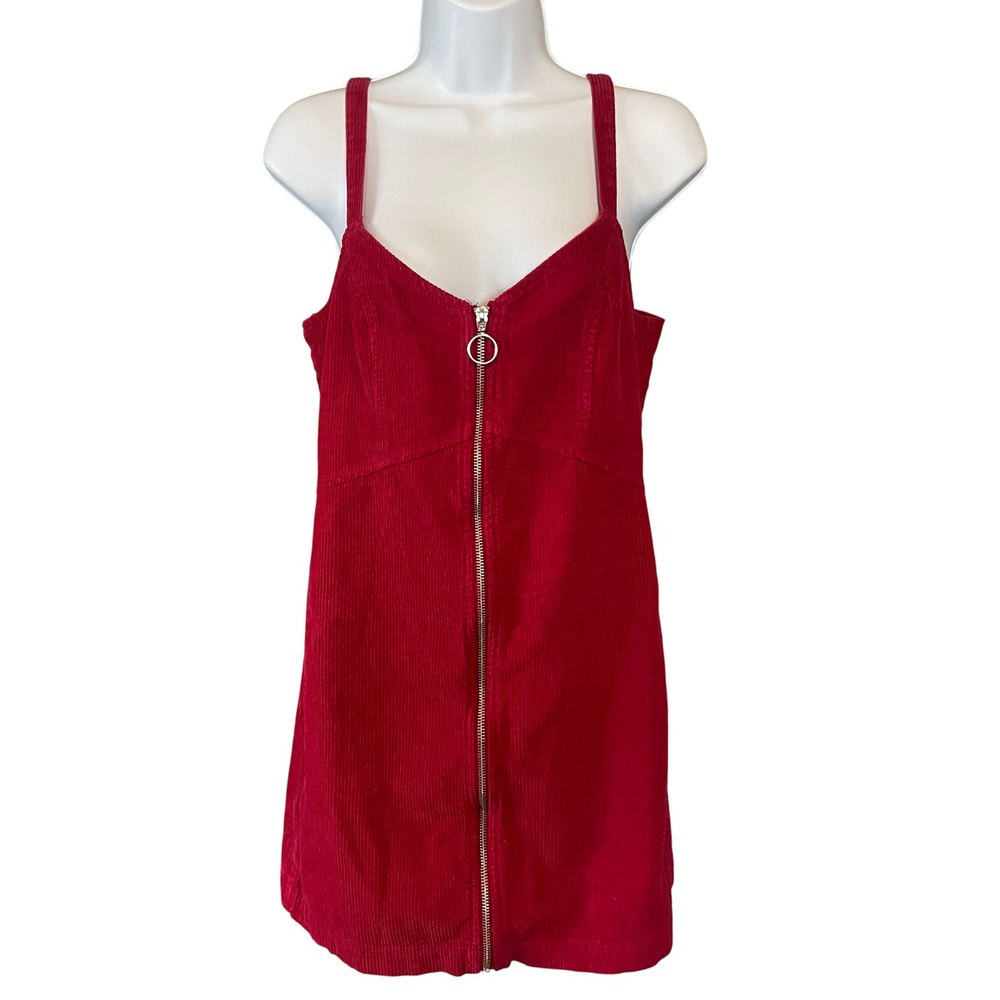 Topshop Women Y2K Red Corduroy Coquette Zip Front Retro Mini Indie Dress  6‎